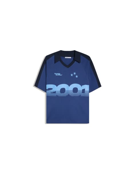 Bershka – Polohemd in Marineblau mit Retro-Print - view 1