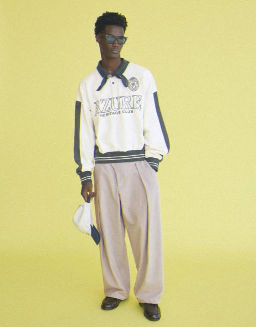 Bershka poloshirt met lange mouwen en print in crème en navy, 2 van 6