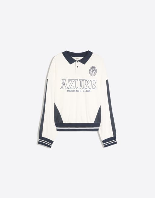 Bershka poloshirt met lange mouwen en print in crème en navy, 5 van 6