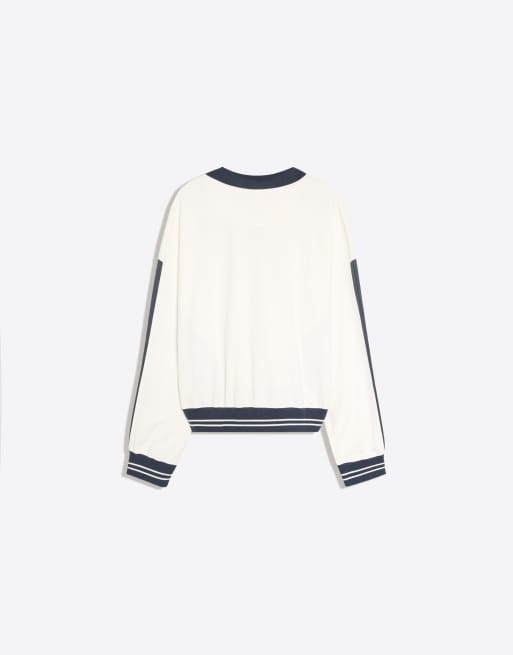 Bershka poloshirt met lange mouwen en print in crème en navy, 6 van 6