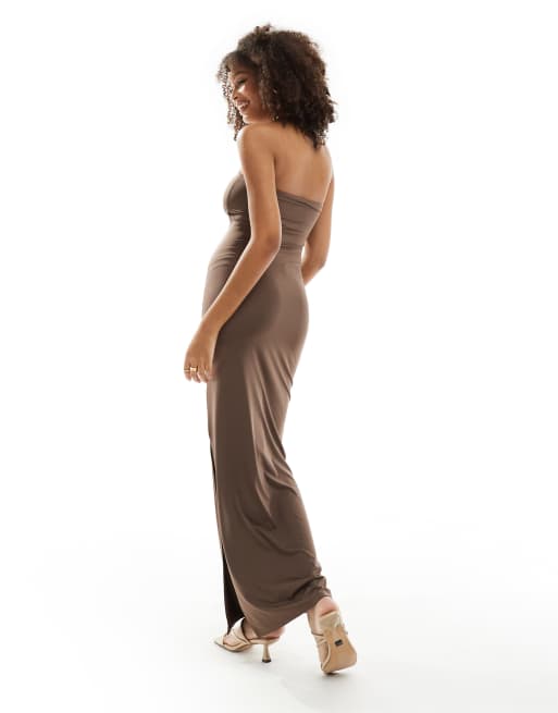 Bershka polyamide bandeau maxi dress in light brown ASOS