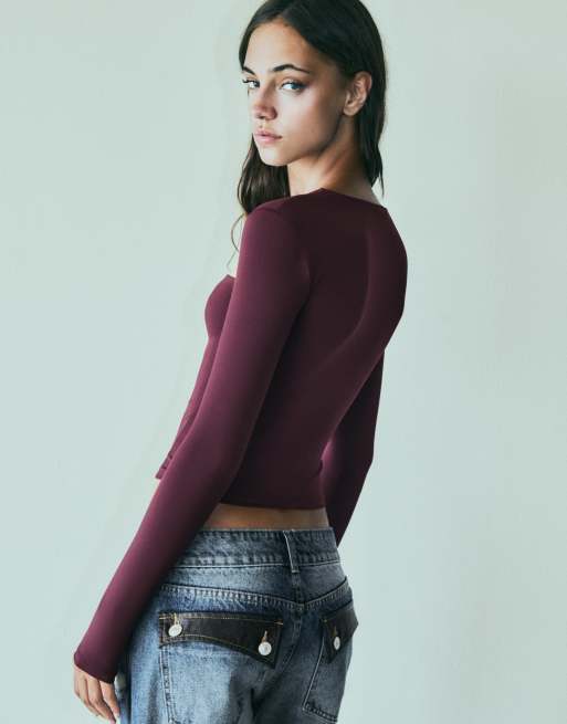 Bershka Polyamide cut-out t-shirt in burgundy, 3 of 5
