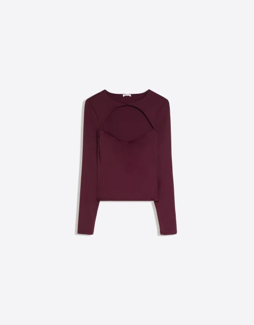 Bershka Polyamide cut-out t-shirt in burgundy, 5 of 5