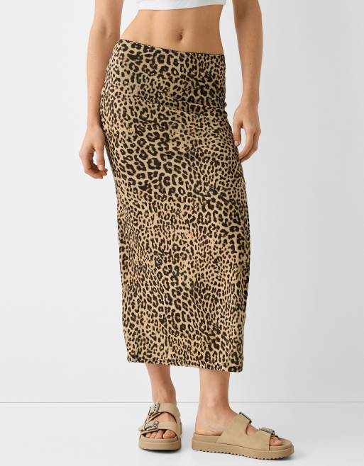 Bershka polyamide maxi skirt in leopard print