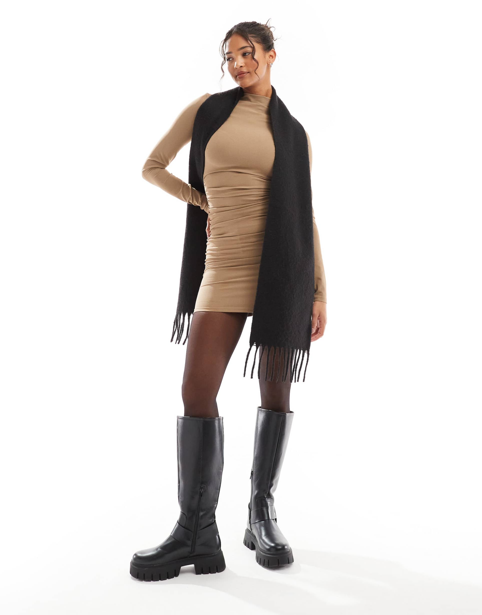 bershka polyamide ruched front mini dress in brown