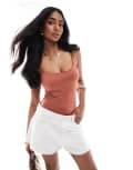 [Bershka] Bershka polyamide scoop neck bodysuit in terracotta-Red XS RED