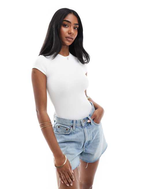 Bershka polyamide short sleeve bodysuit in white