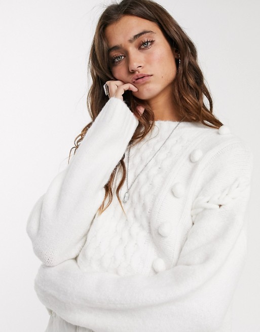 Bershka pom pom knitted jumper in cream
