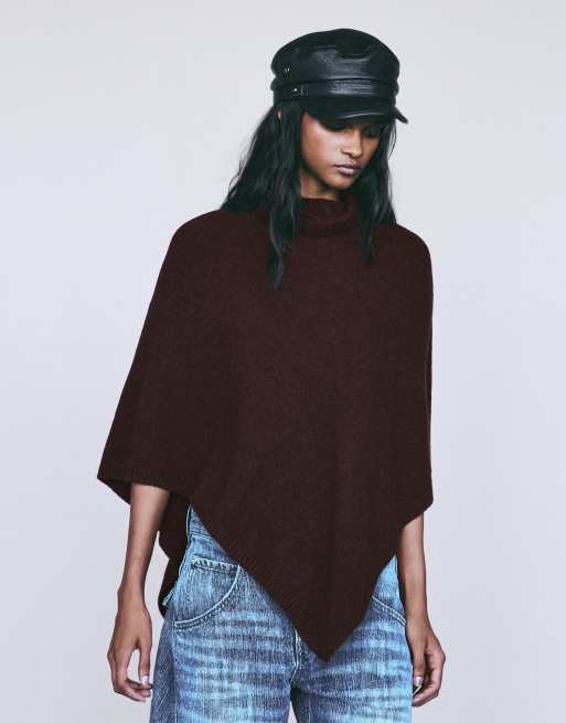 Bershka poncho in maglia a collo alto marrone, 2 di 6
