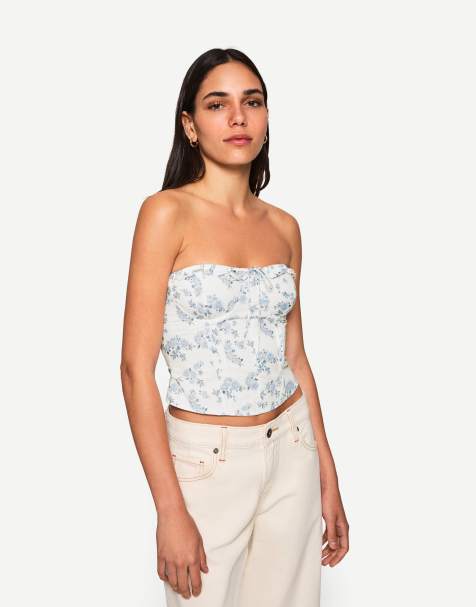 Bershka poplin bandeau top in denim blue - view 1
