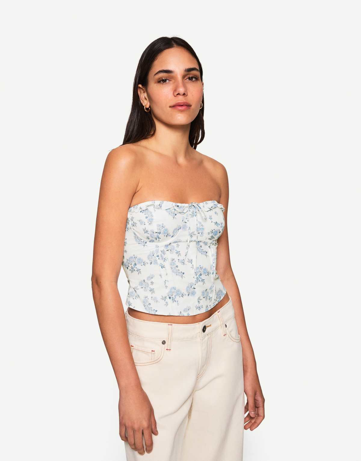 Bershka poplin bandeau top in denim blue