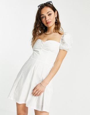 Bershka poplin button down milkmaid dress in white