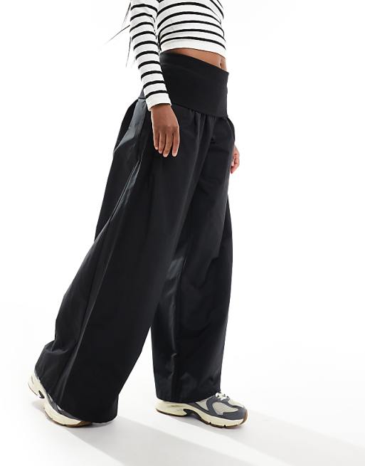 Bershka poplin fold over wide leg pants in black | ASOS Bershka poplin fold over wide leg pants in black | ASOS