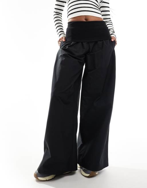 Bershka poplin fold over wide leg pants in black