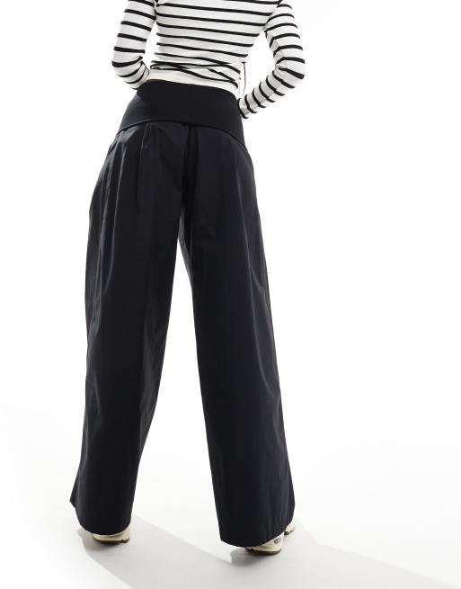 Bershka poplin fold over wide leg pants in black