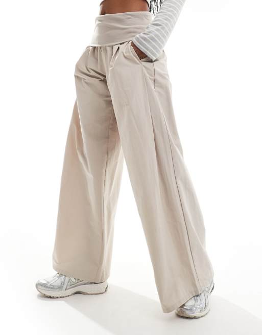 Bershka poplin fold over wide leg pants in sand