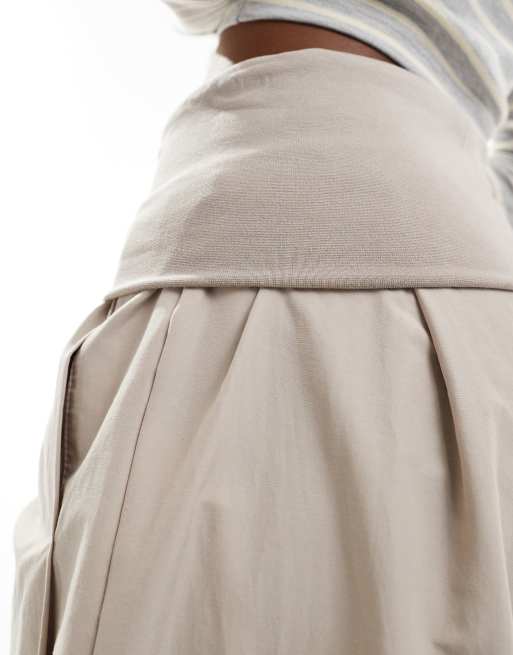 Bershka poplin fold over wide leg pants in sand