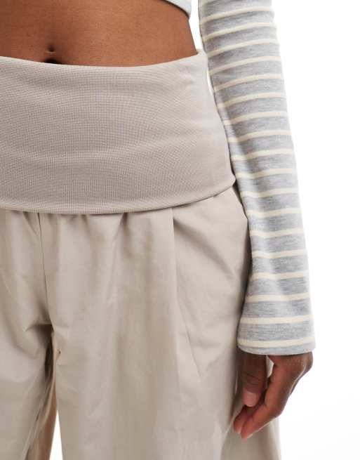 Bershka poplin fold over wide leg pants in sand | ASOS