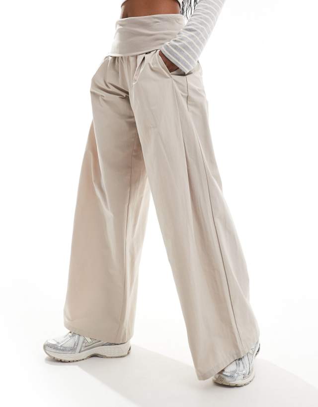 Bershka - poplin fold over wide leg trousers in sand