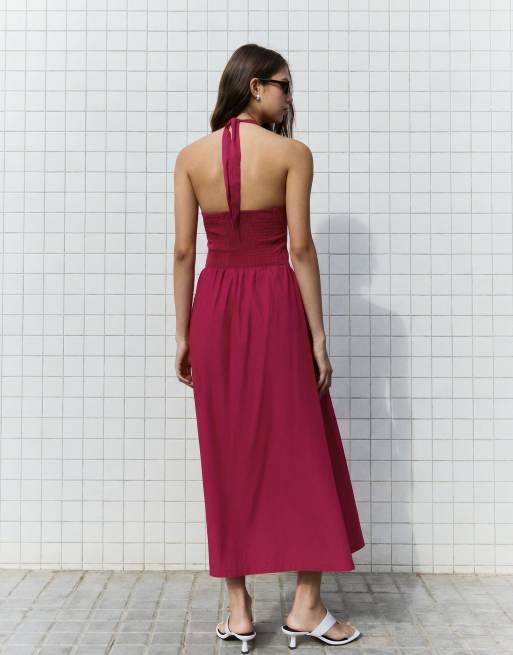 Bershka - Poplin jurk met halternek in bordeauxrood, 3 van 6