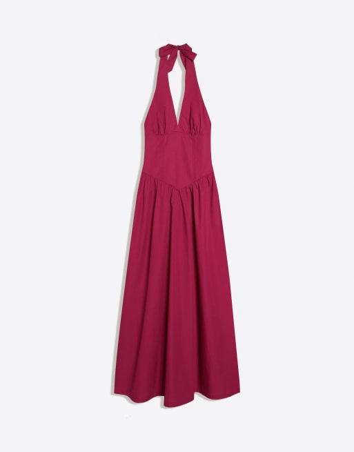 Bershka - Poplin jurk met halternek in bordeauxrood, 5 van 6