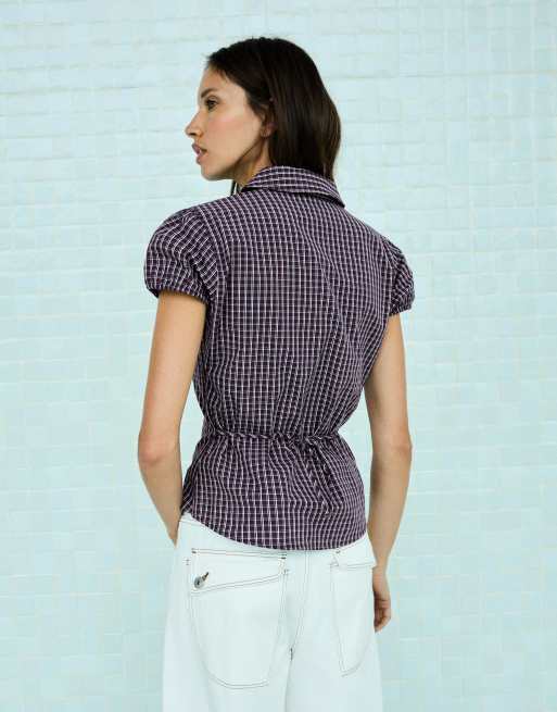Bershka - Poplin overhemd met korte mouwen en strik in bordeauxrood, 3 van 5