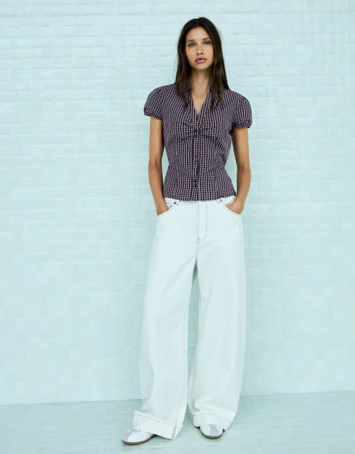 Bershka - Poplin overhemd met korte mouwen en strik in bordeauxrood, 4 van 5