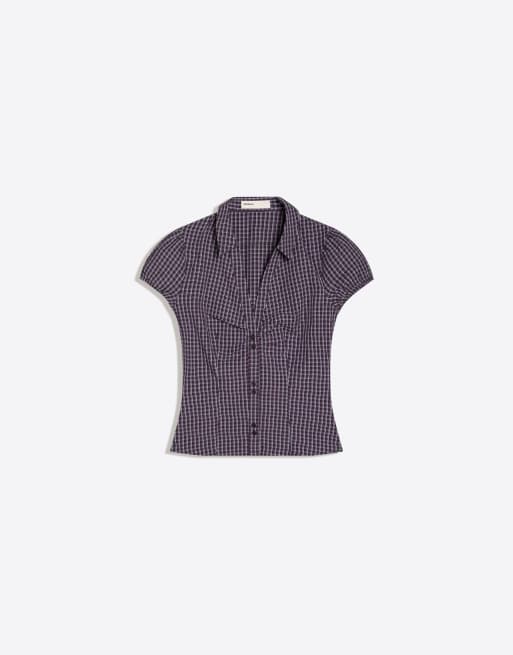 Bershka - Poplin overhemd met korte mouwen en strik in bordeauxrood, 5 van 5