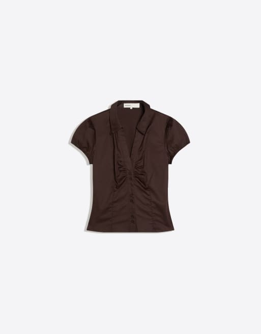 Bershka - Poplin overhemd met korte mouwen en strik in bruin, 5 van 5