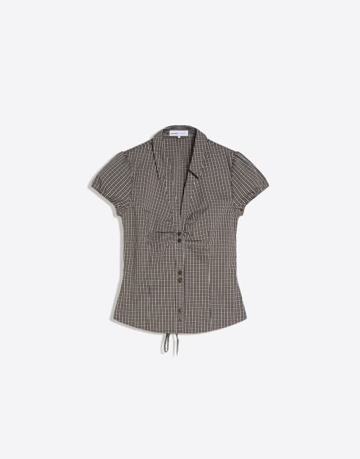 Bershka - Poplin overhemd met korte mouwen en strik in kaki, 5 van 6