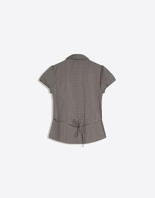 Bershka - Poplin overhemd met korte mouwen en strik in kaki, 6 van 6