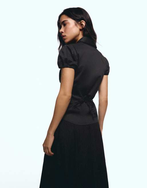 Bershka poplin overhemd met korte mouwen en strik in zwart, 3 van 5