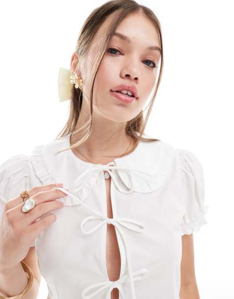 Bershka poplin peplum tie detail top in white - view 1