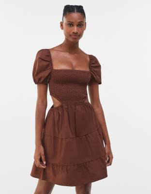 bershka cut out midi dress Bershka cut out front satin midi dress in black & white print