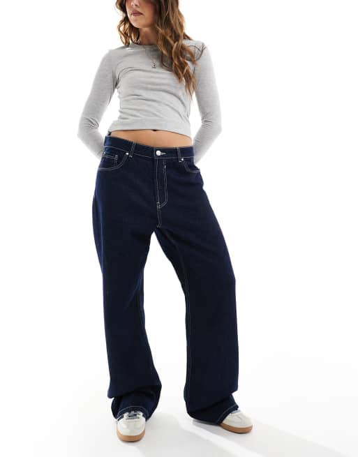 Bershka - Posede jeans med brede ben i indigoblå vask