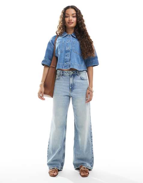 Bershka - Posede jeans med vide ben i lys vask - view 1