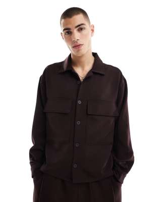 Bershka Bershka premium co-ord long sleeve shirt in burgundy-Red