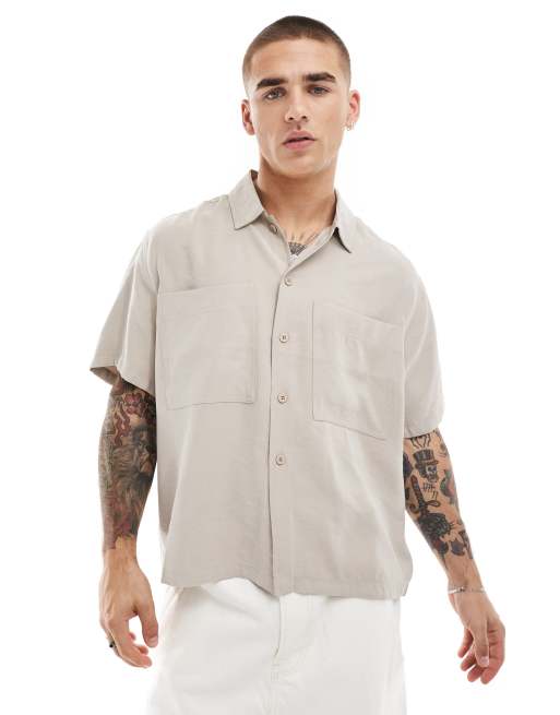  Bershka premium pocket shirt in stone 