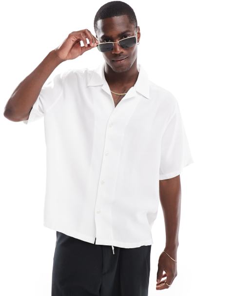 Bershka premium satin shirt in ecru  - view 1