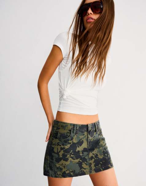 Bershka Print mini skirt in khaki