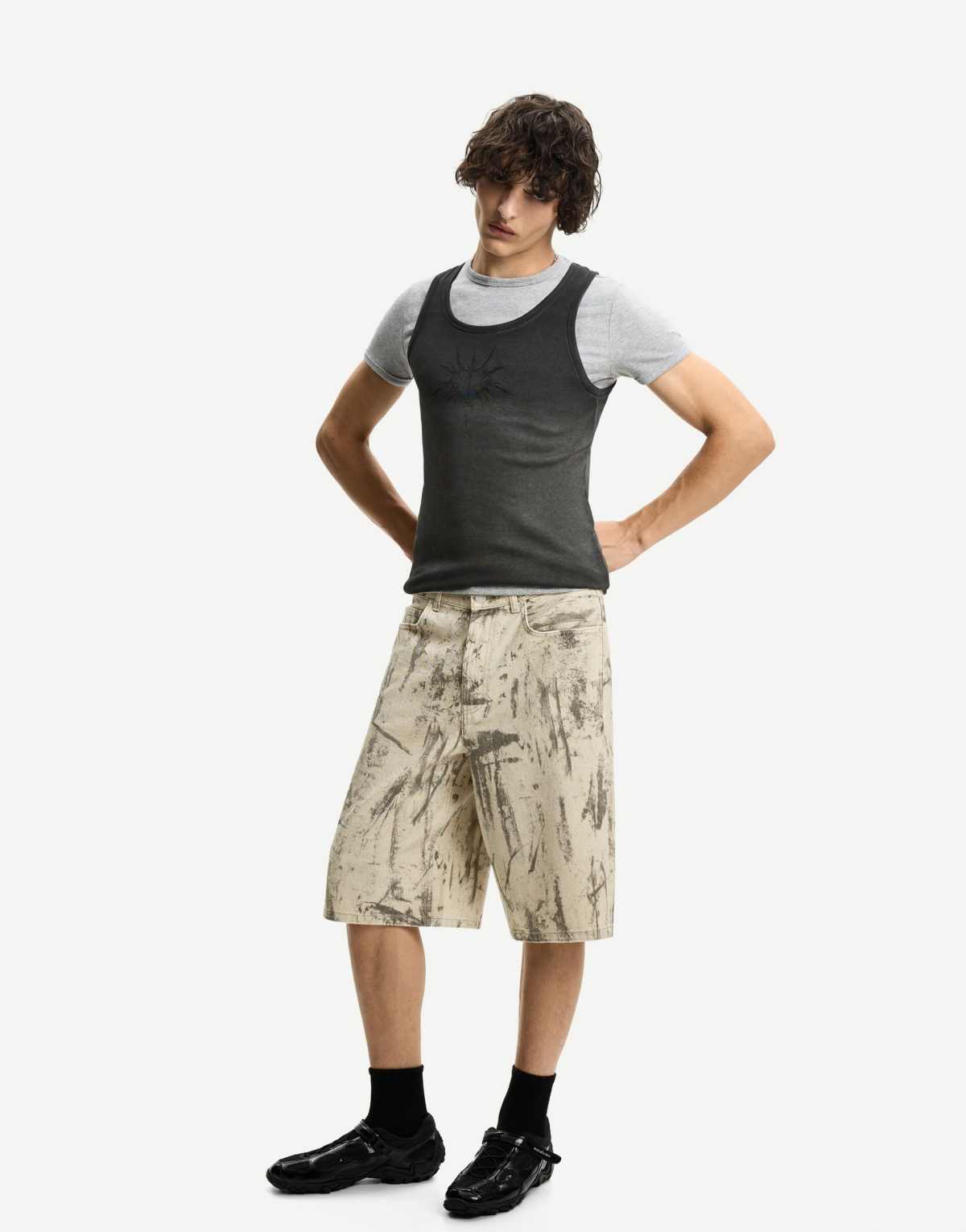 Bershka printed baggy bermuda shorts in grey