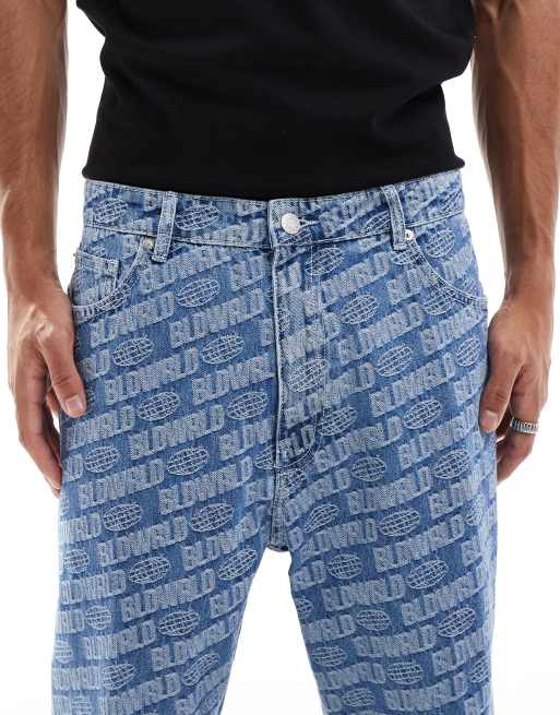 Bershka printed baggy jean in blue | ASOS