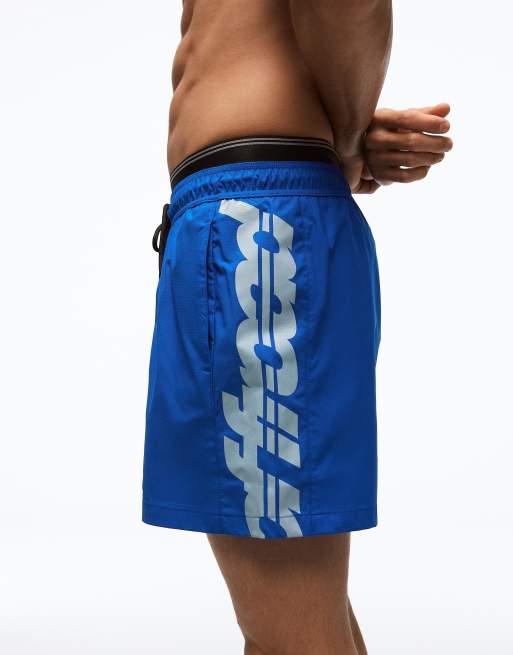 Bershka Printed boxy double waistband swimming trunks in navy, 2 of 4