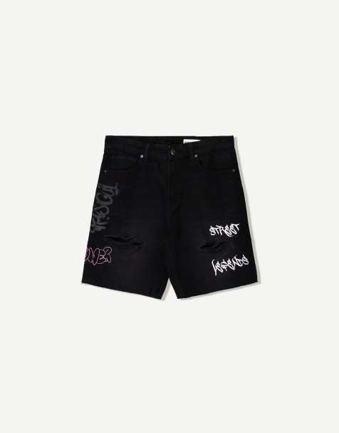 Bershka printed denim bermuda shorts in black - view 1