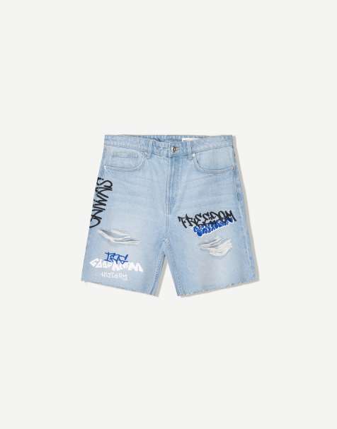 Bershka printed denim bermuda shorts in mid blue - view 1