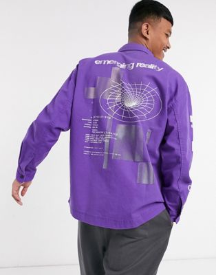 Bershka printed denim overshirt in purple