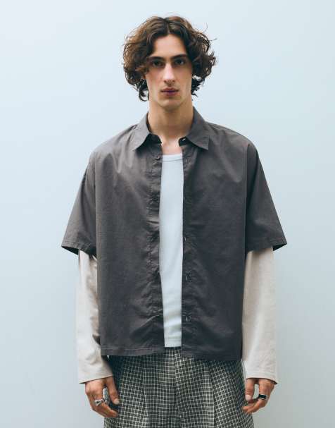 Bershka Printed double-sleeve shirt in dark grey - view 1