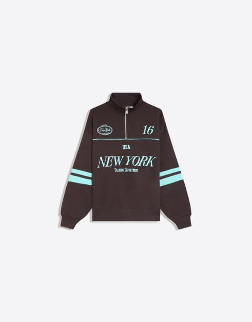 Bershka Printed half-length zip sweatshirt in brown, 5 of 5