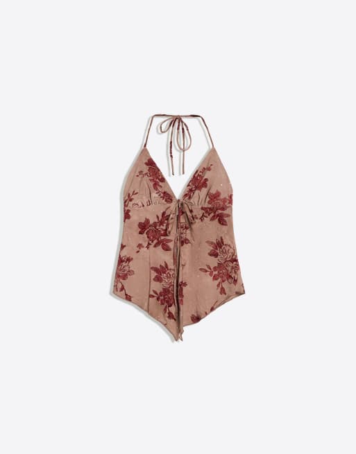 Bershka Printed halter top in brown, 5 of 5
