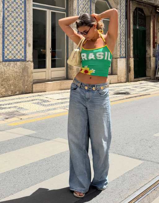 Bershka Printed halter top in green, 4 of 6